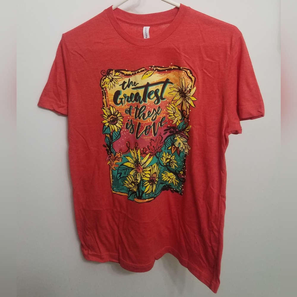 NWOT religious floral Love cotton-poly blend t-shirt